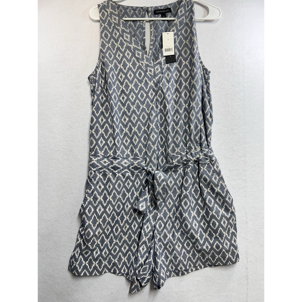 Banana Republic Blue/White Geometric Romper 8 Sleeveless V-Neck Tie Pockets NWT‎